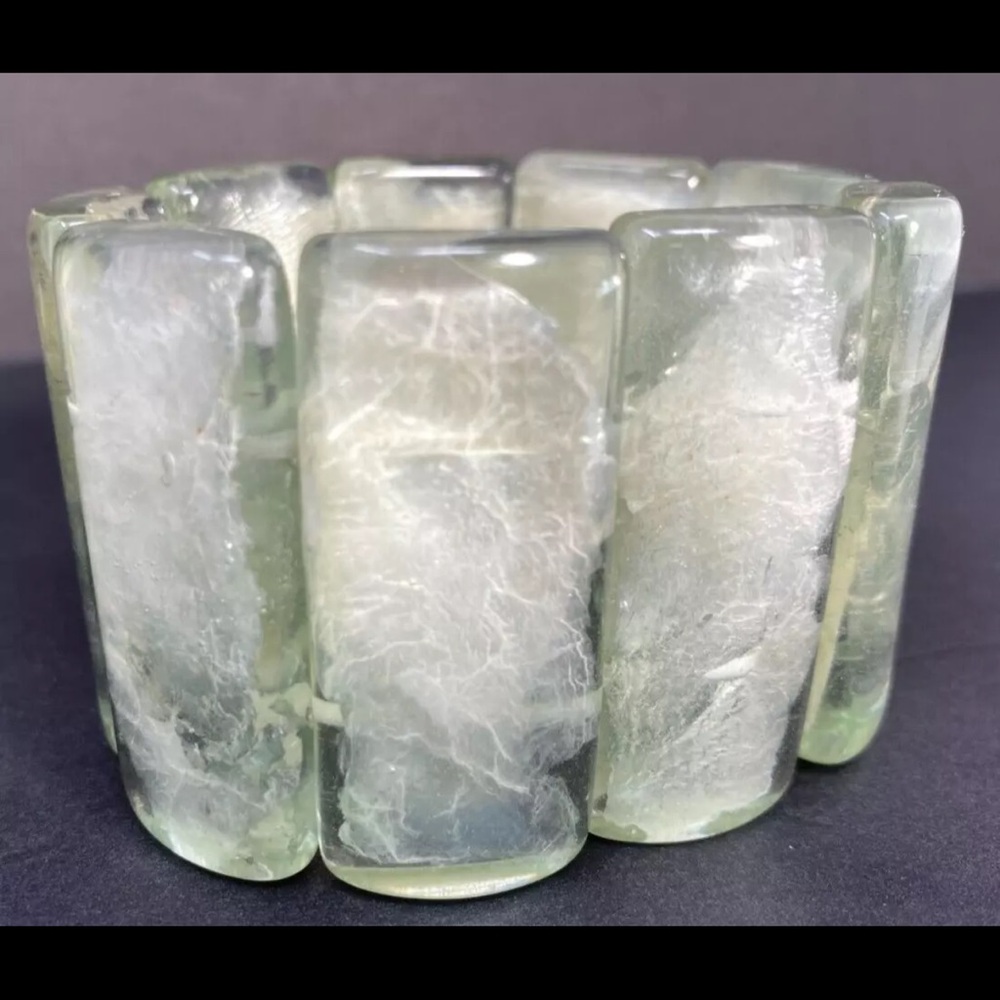 Vintage Chunky Cuff Stretch Bracelet Mother of Pearl Set in Clear Resin Bangle